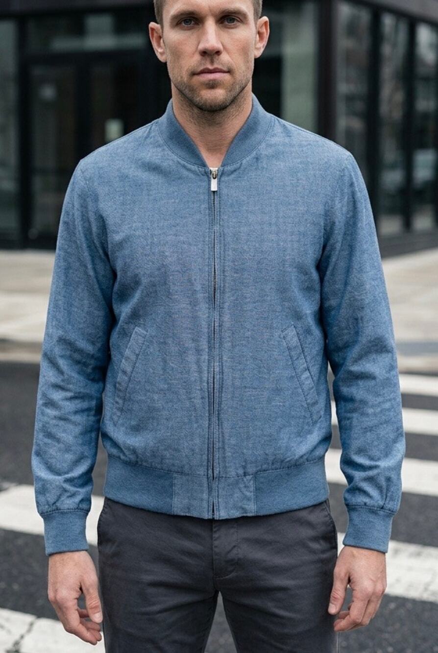 Uniqlo Cotton Bomber Jacket Womens S Mens XXS Chambray Blue Plaid Lining Casual